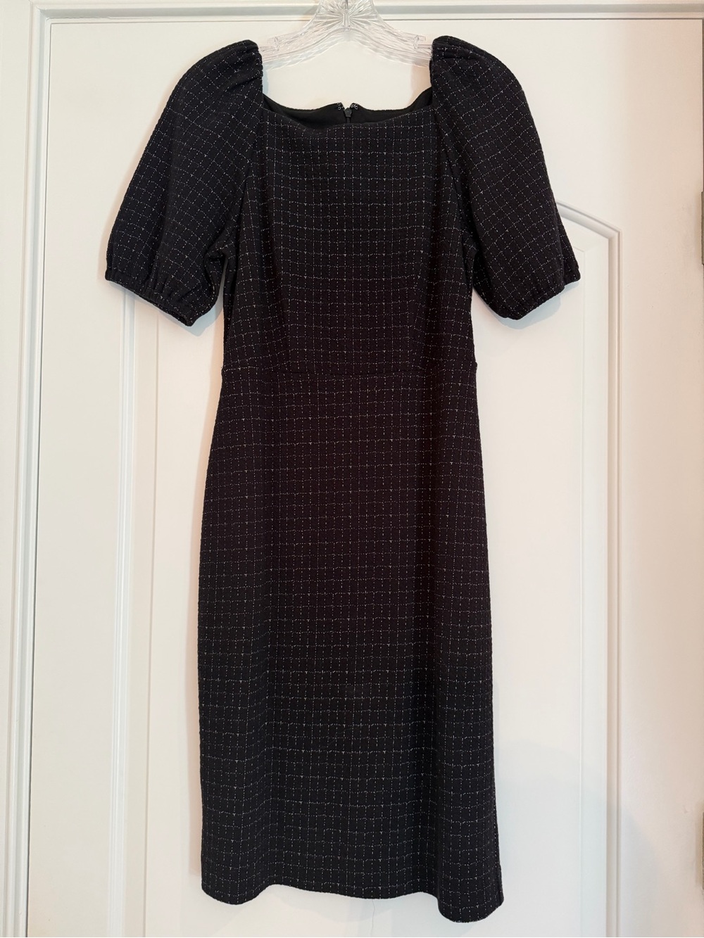 Ann Taylor Black Grid-Pattern Puff-Sleeve Midi Dress
